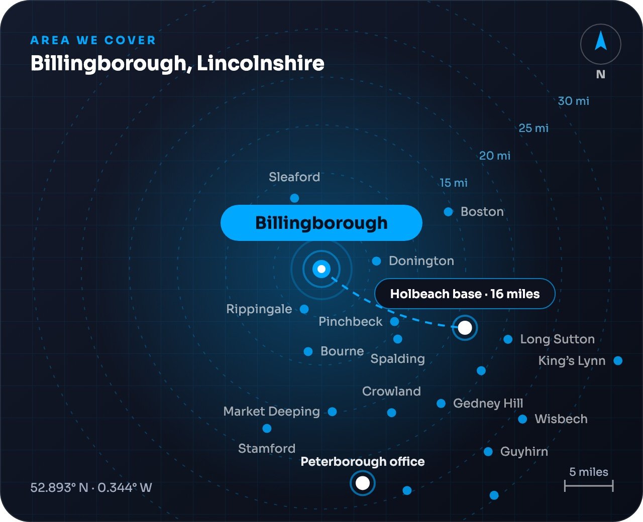 Map showing Billingborough and nearby towns, around 16 miles from our Holbeach base