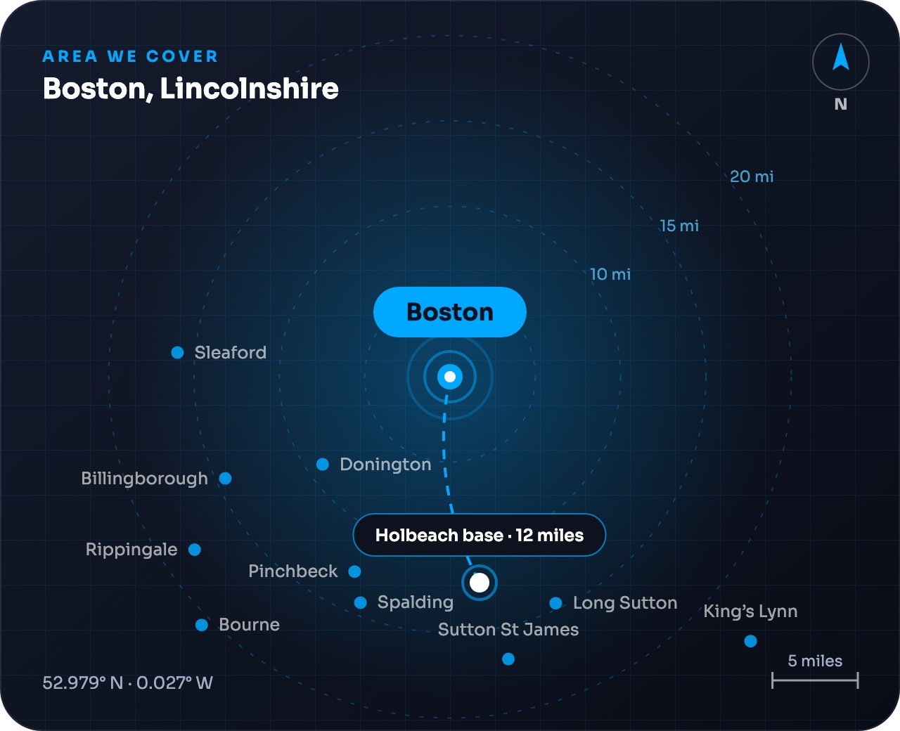 Map showing Boston and nearby towns, around 12 miles from our Holbeach base
