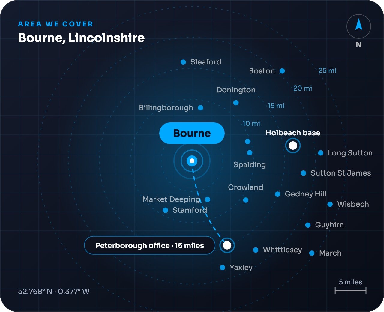 Map showing Bourne and nearby towns, around 15 miles from our Peterborough office