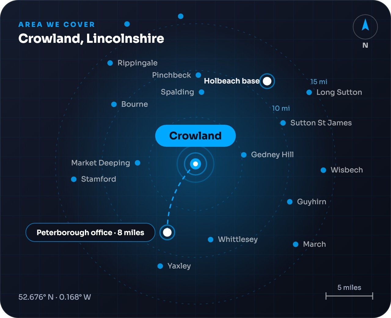 Map showing Crowland and nearby towns, around 8 miles from our Peterborough office