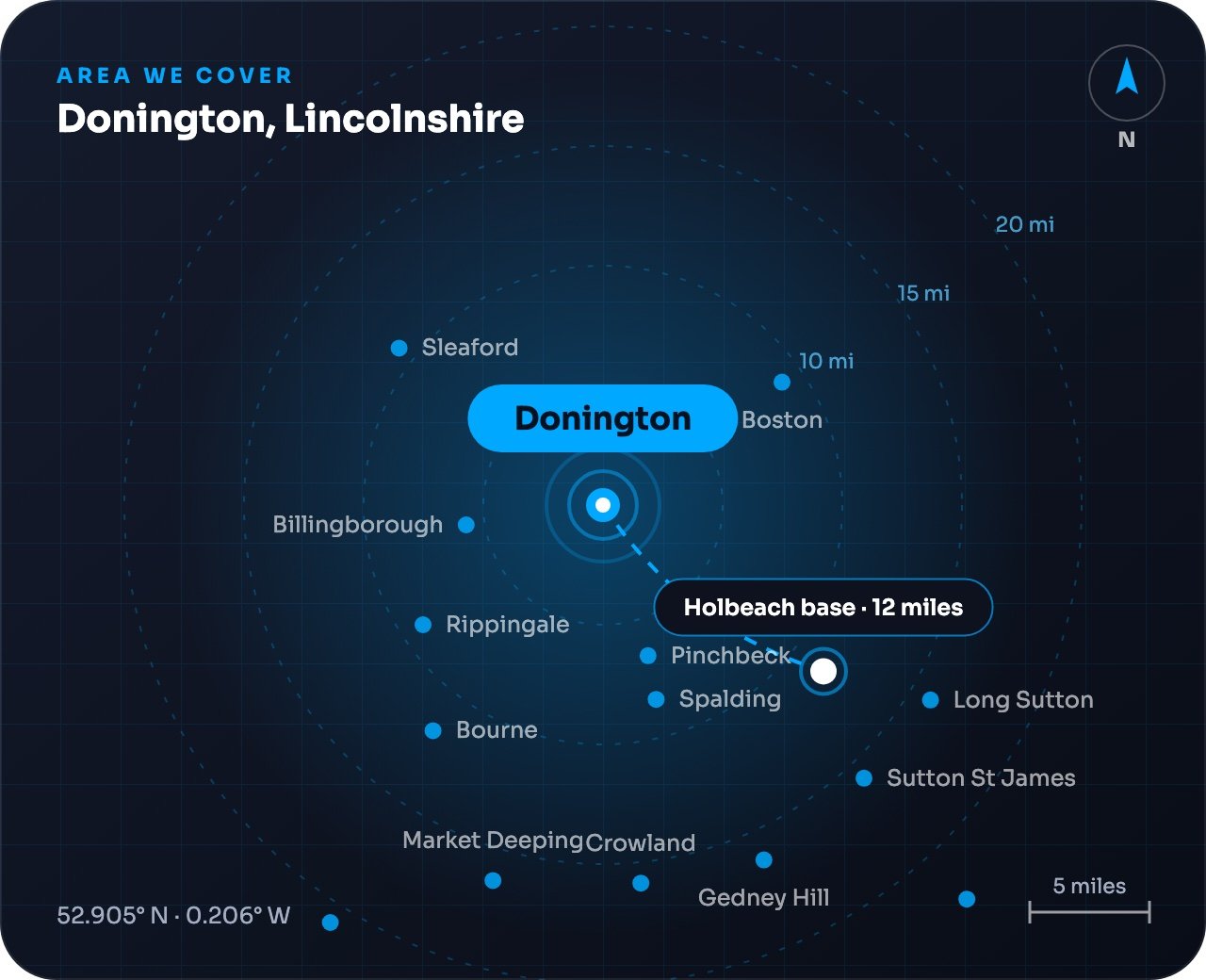 Map showing Donington and nearby towns, around 12 miles from our Holbeach base