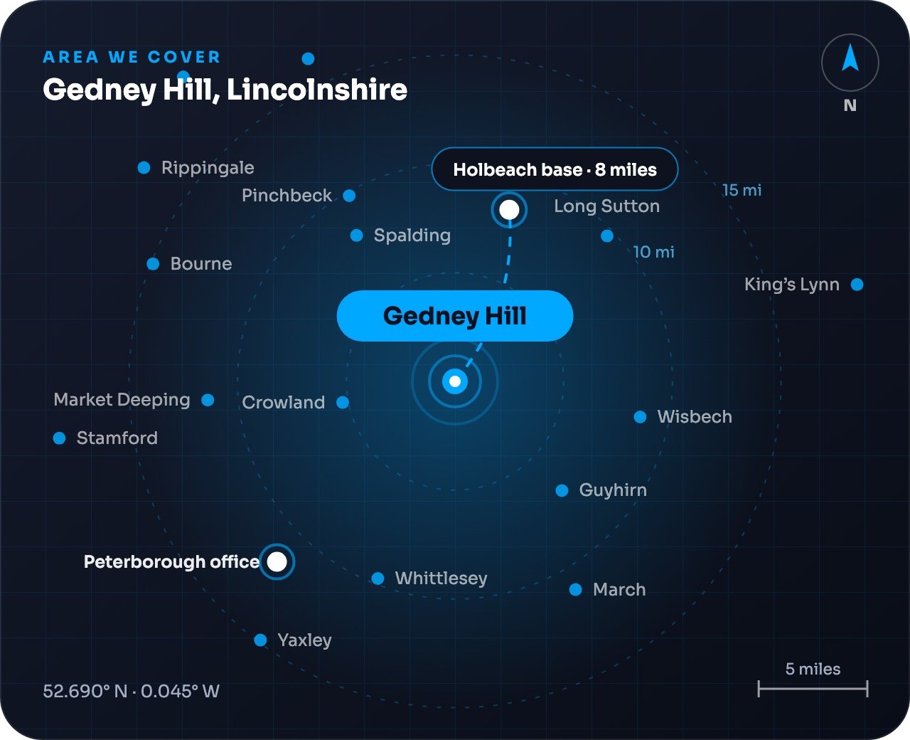 Map showing Gedney Hill and nearby towns, around 8 miles from our Holbeach base
