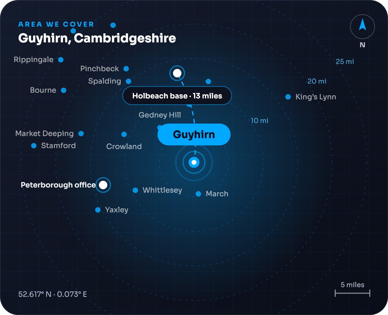 Map showing Guyhirn and nearby towns, around 13 miles from our Holbeach base