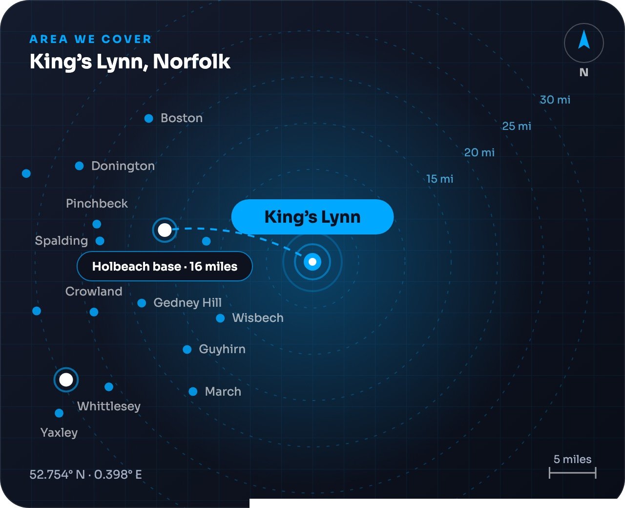 Map showing King’s Lynn and nearby towns, around 16 miles from our Holbeach base