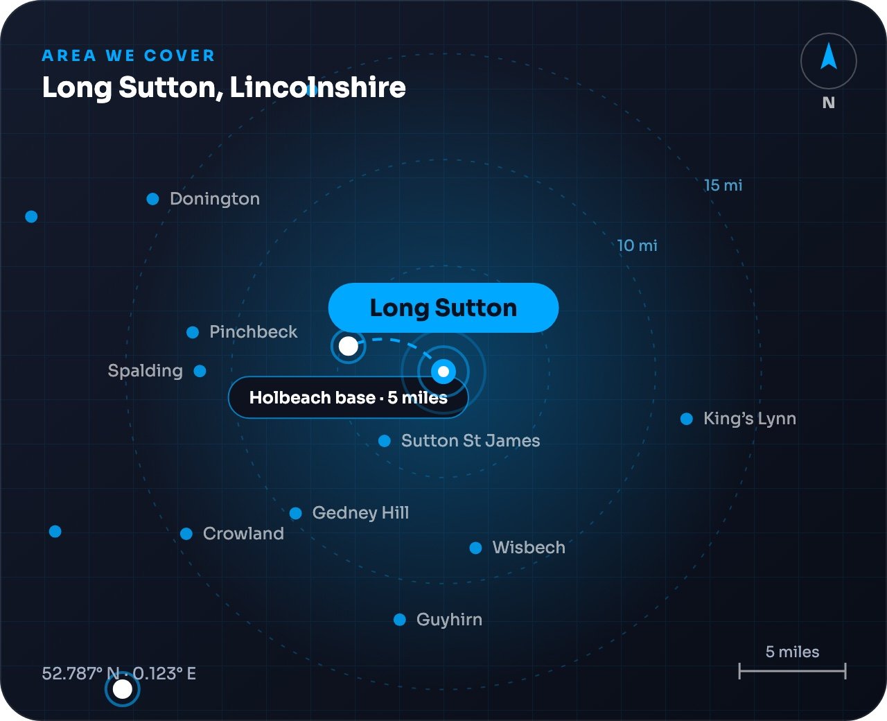 Map showing Long Sutton and nearby towns, around 5 miles from our Holbeach base