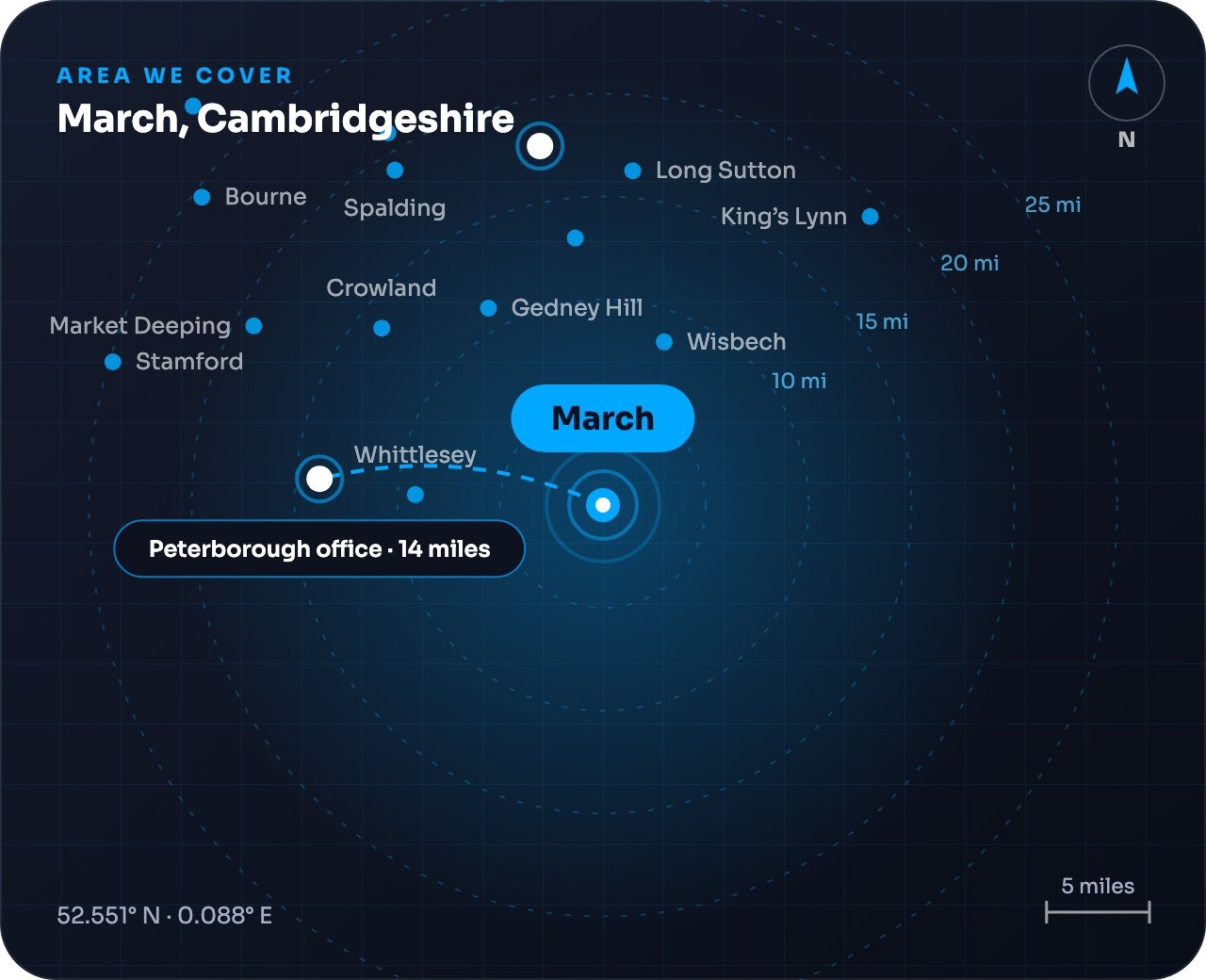 Map showing March and nearby towns, around 14 miles from our Peterborough office