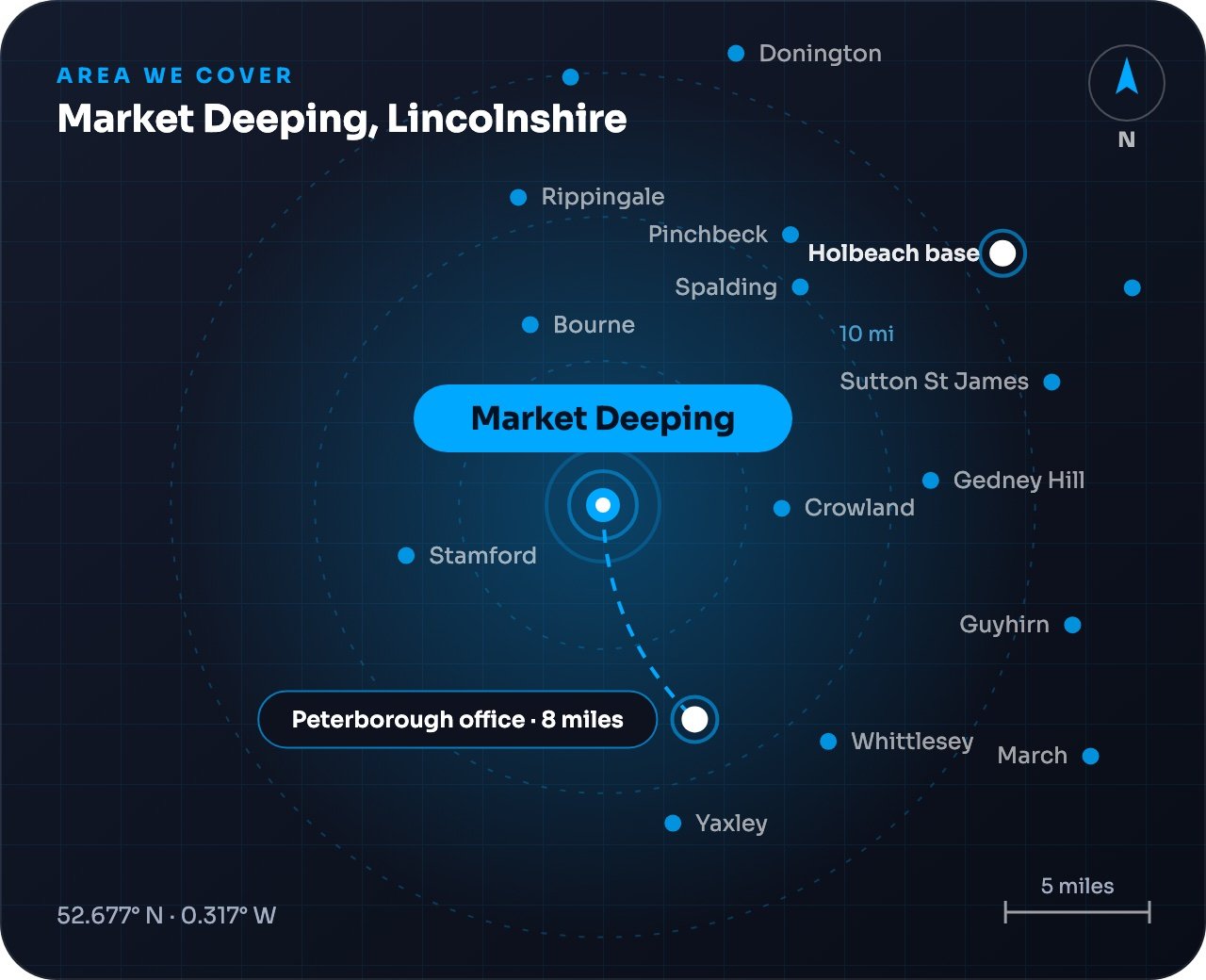 Map showing Market Deeping and nearby towns, around 8 miles from our Peterborough office