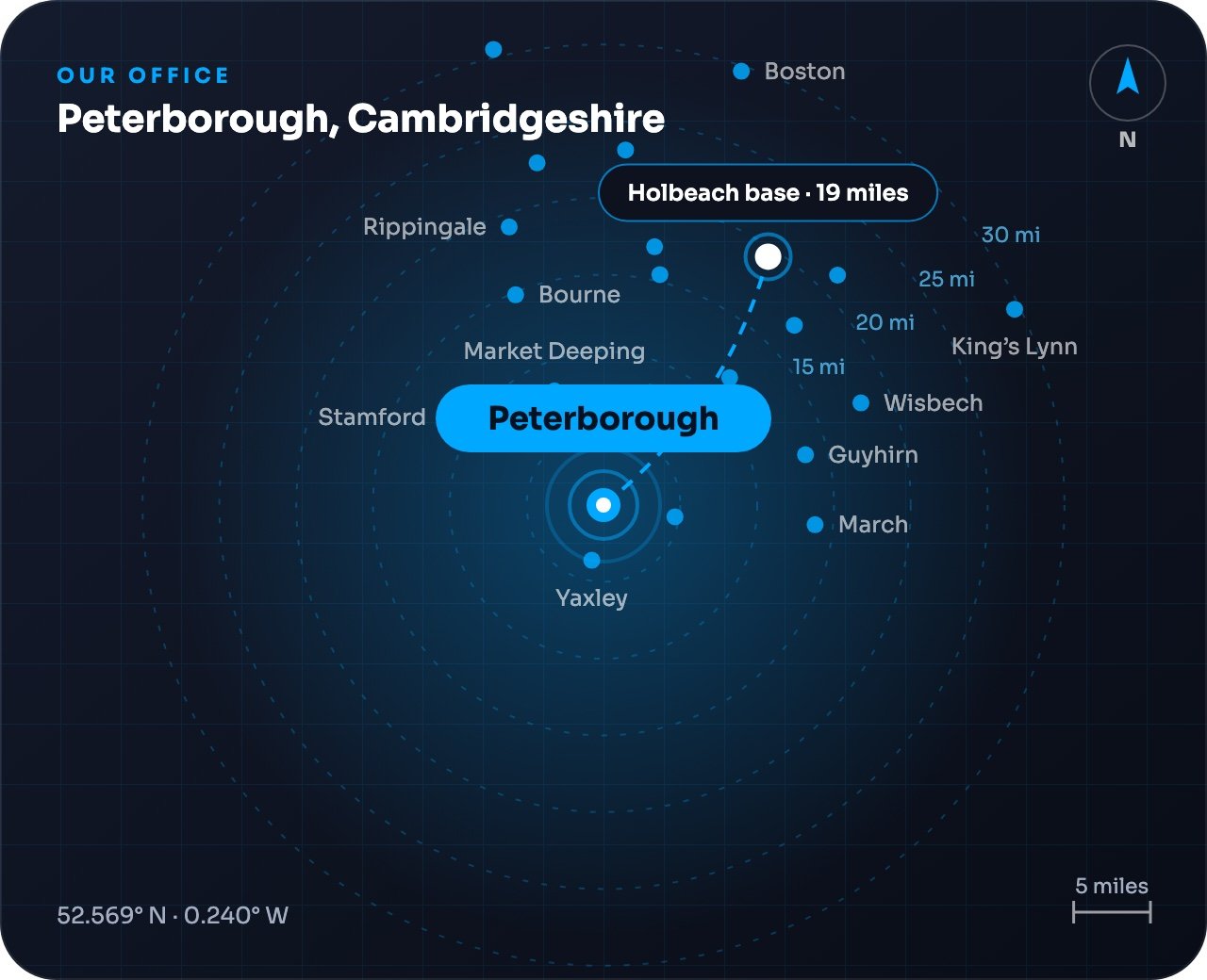 Map showing Peterborough and the towns around it