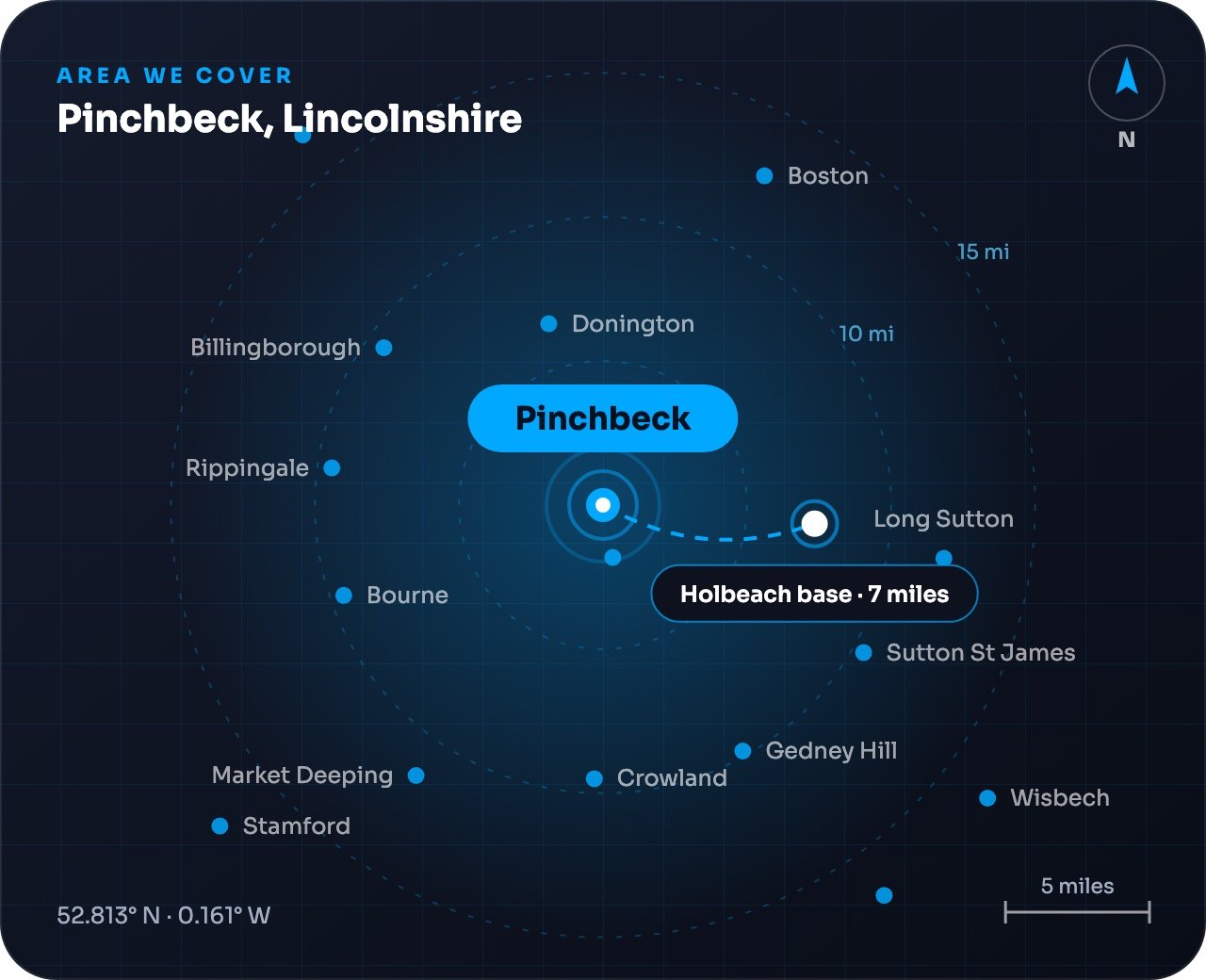 Map showing Pinchbeck and nearby towns, around 7 miles from our Holbeach base