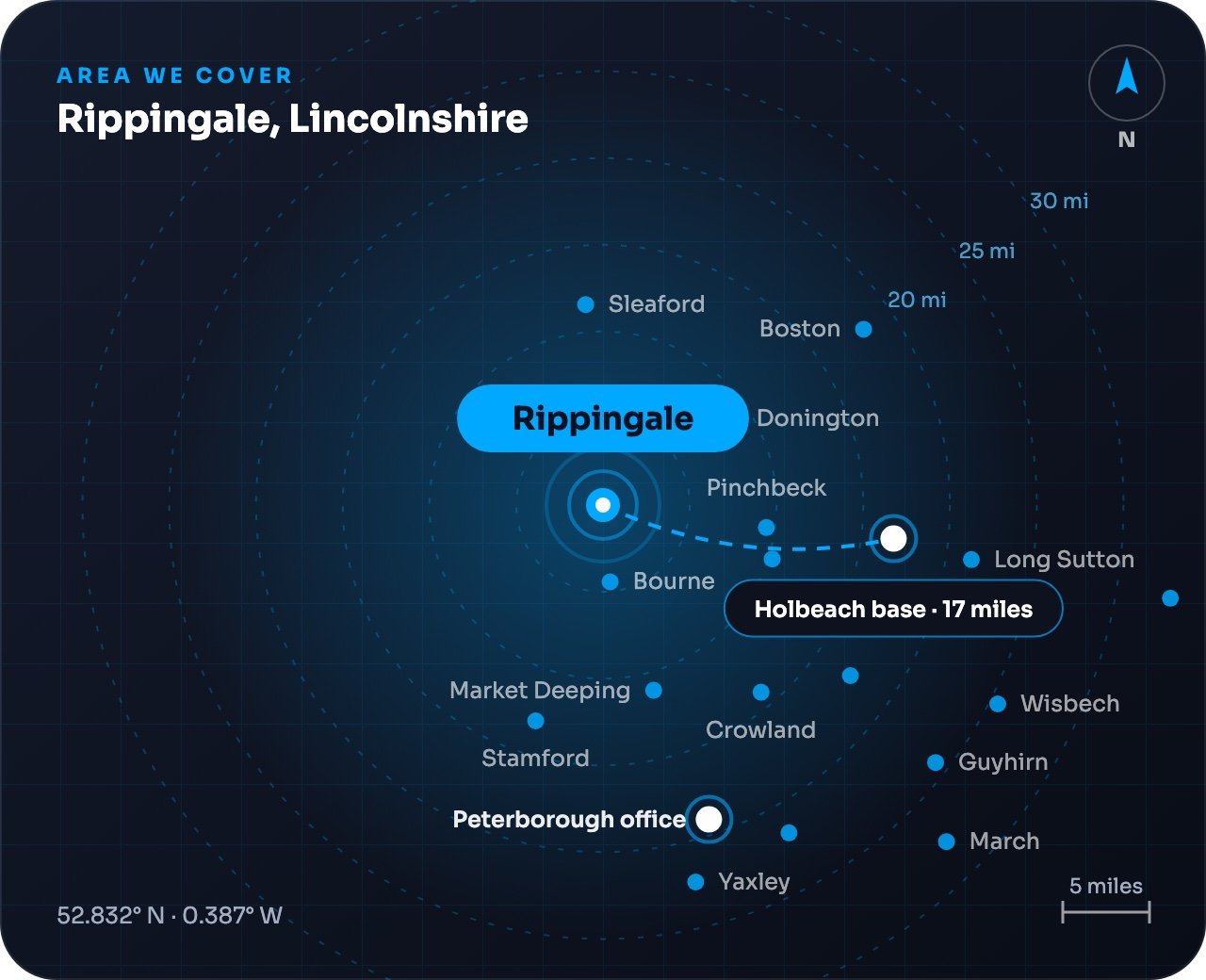 Map showing Rippingale and nearby towns, around 17 miles from our Holbeach base