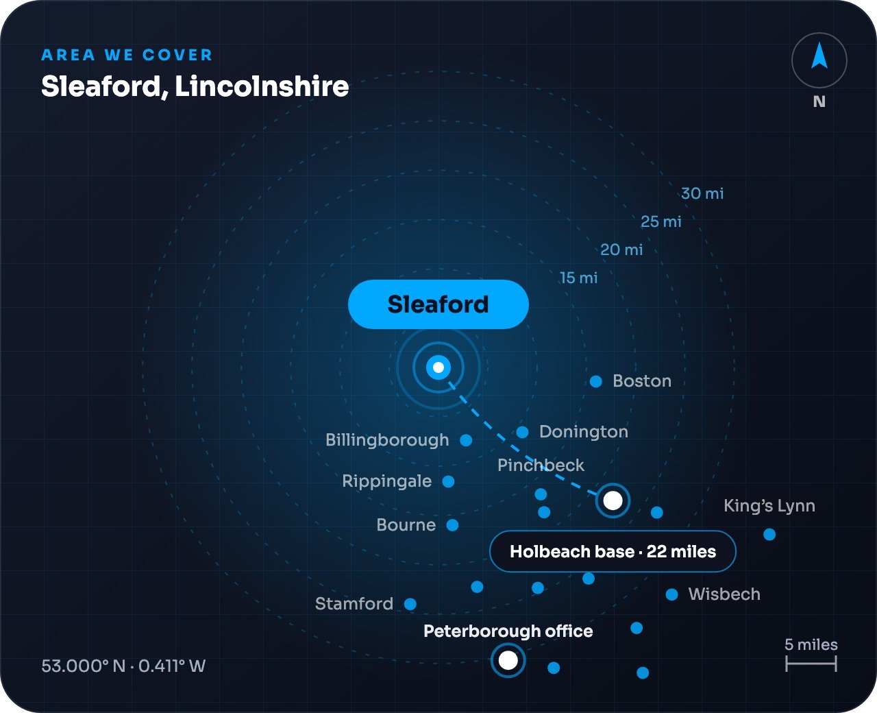Map showing Sleaford and nearby towns, around 22 miles from our Holbeach base