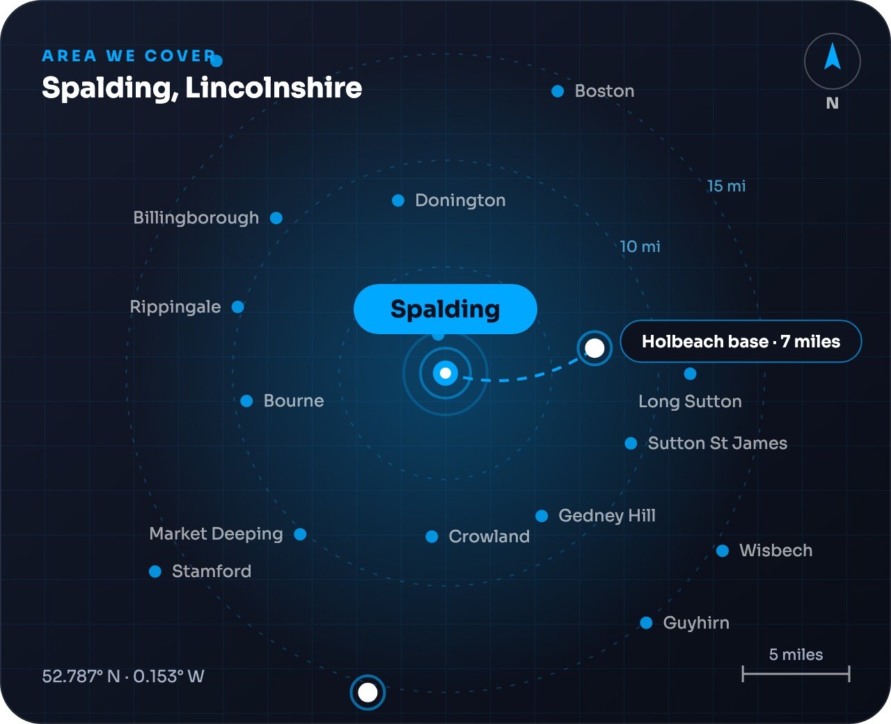 Map showing Spalding and nearby towns, around 7 miles from our Holbeach base