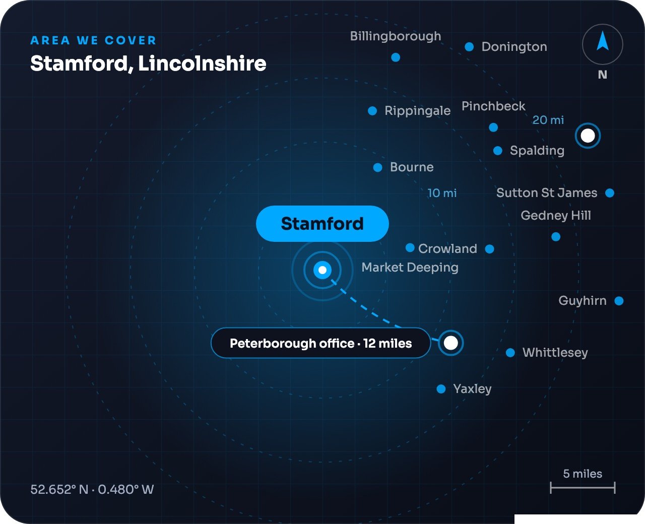 Map showing Stamford and nearby towns, around 12 miles from our Peterborough office