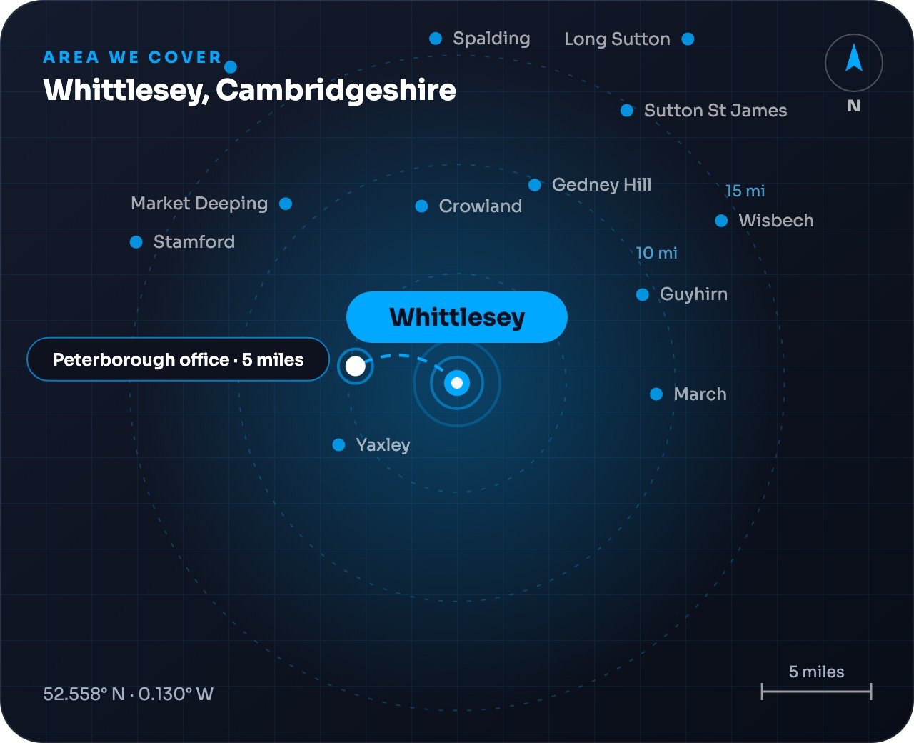 Map showing Whittlesey and nearby towns, around 5 miles from our Peterborough office