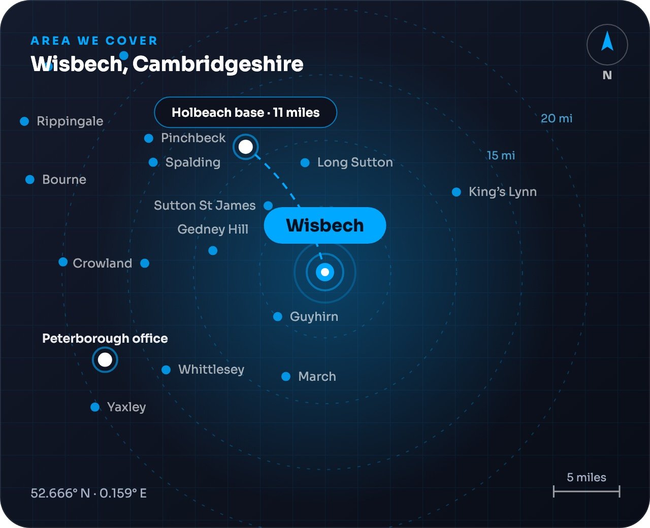 Map showing Wisbech and nearby towns, around 11 miles from our Holbeach base